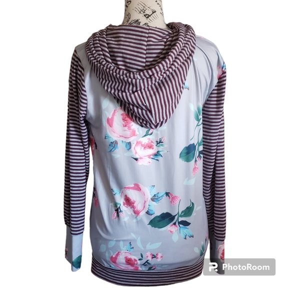 Unbranded long sleeve hoodie floral baseball tee striped drawstring size Small - Picture 2 of 5
